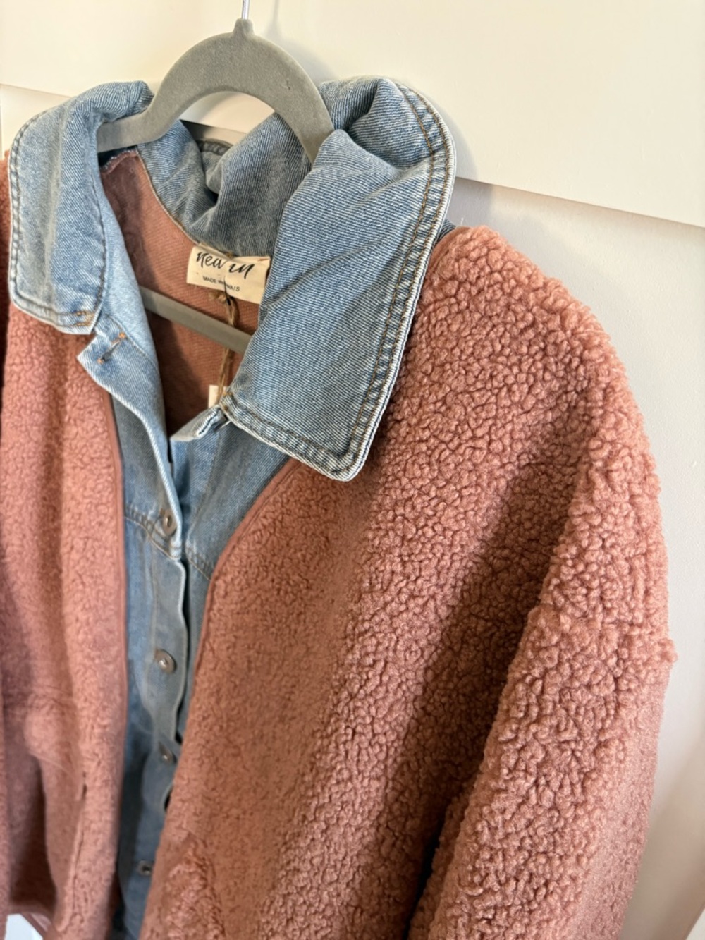 Very J Dusty Rose Teddy + Denim Detail Button Up Shacket Jacket | New with tags! - Picture 3 of 6